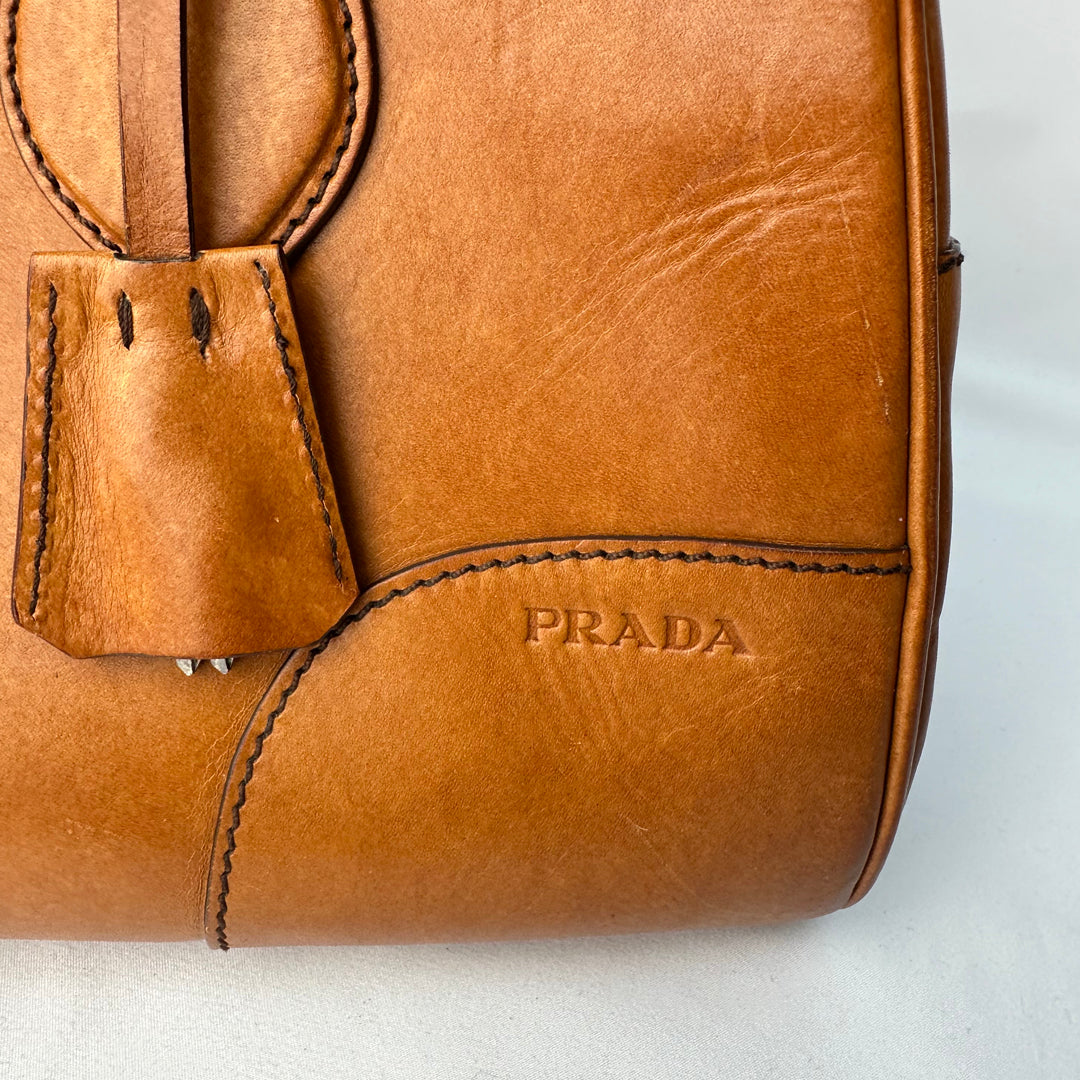 Prada Tan Brown Leather Top Handle Bowler Bag Satchel Handbag with Padlock Caramel