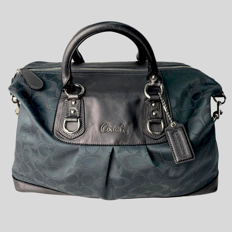 Coach Metallic Charcoal Grey Signature Canvas and Leather Ashley Satchel